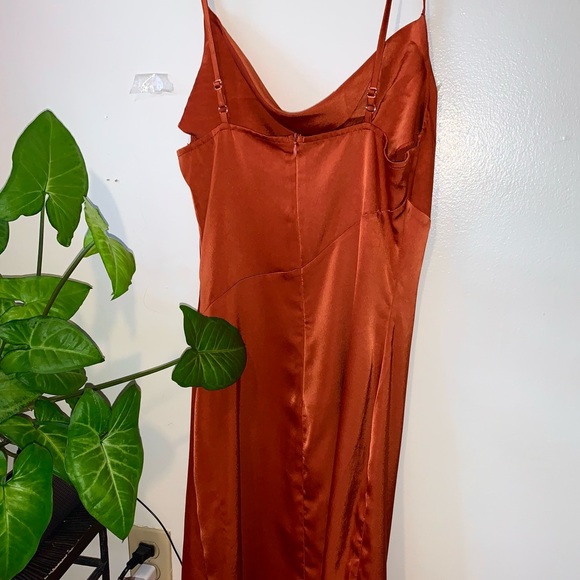 Dark Orange Silk/ Satin Long Dress with Slit - Picture 3 of 6